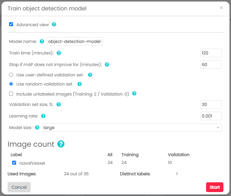 SentiSight model training parameters