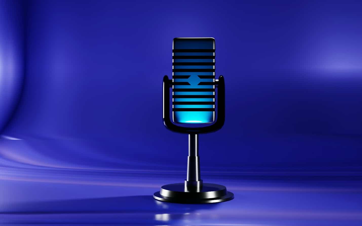A microphone on a stand with a blue background