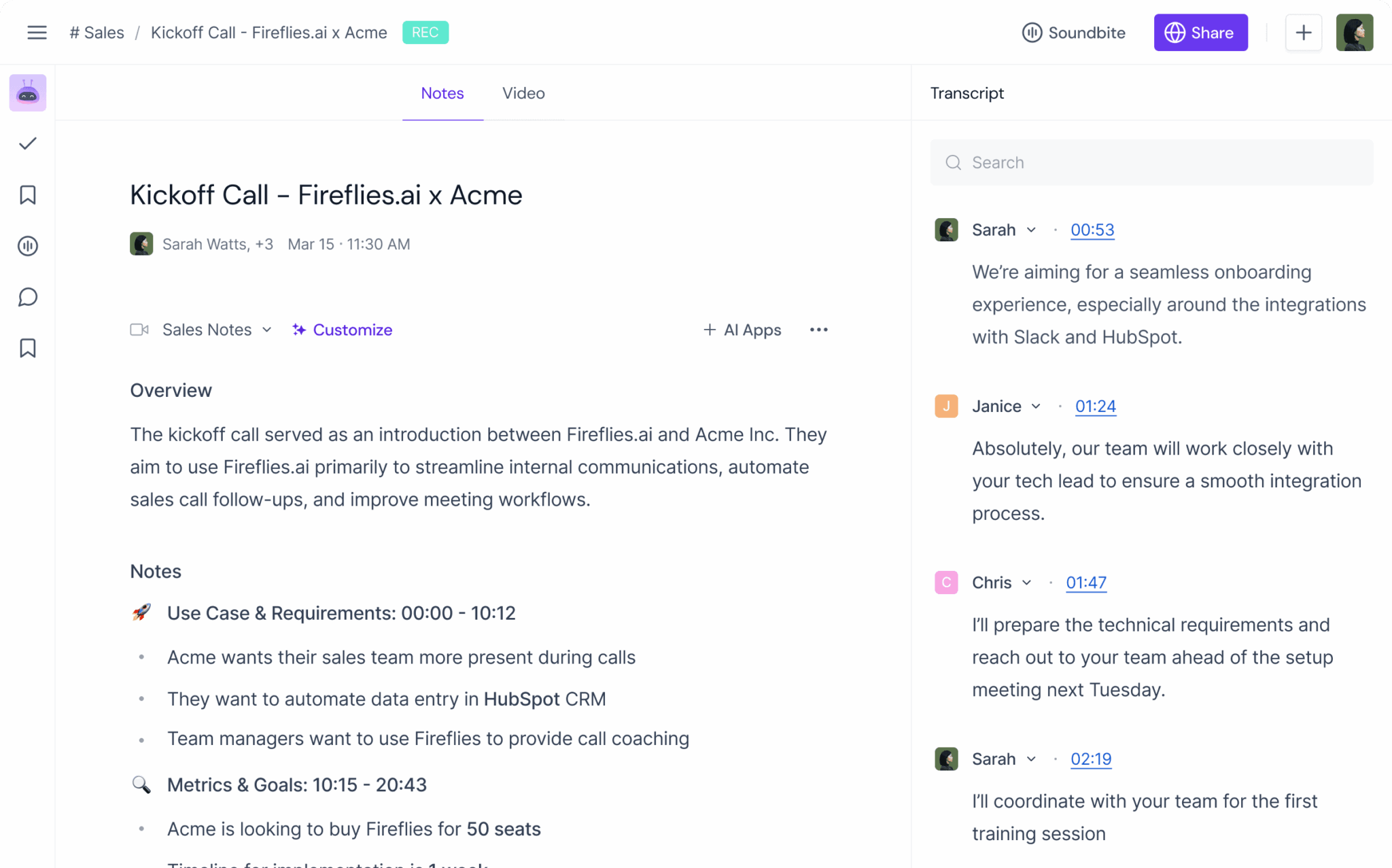 Fireflies Notepad interface displaying meeting transcript and summary features.