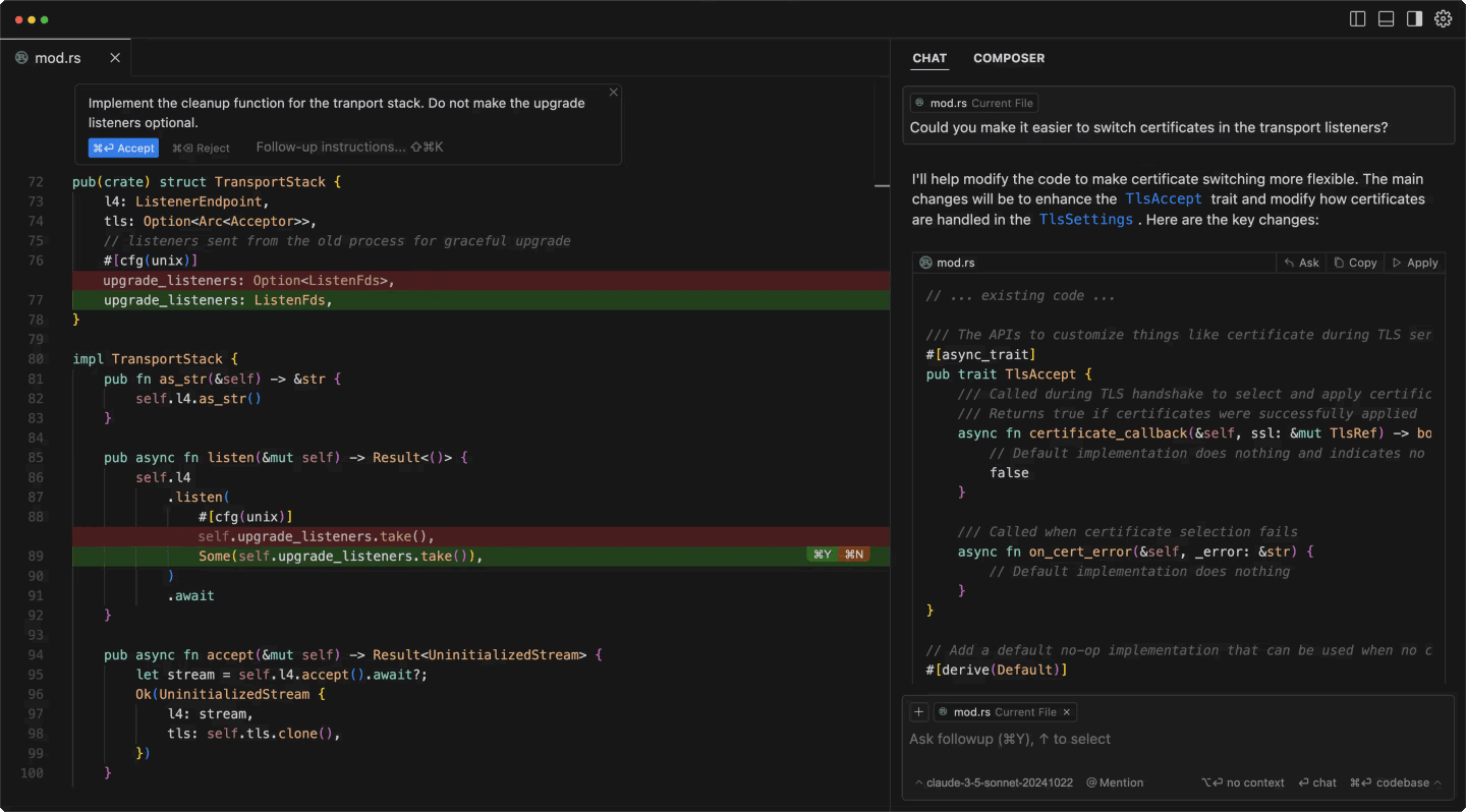 Best AI Coding Tools: Based on Tried-and-Tested Usage - SentiSight.ai Cursor IDE interface showing split view with code editor and AI chat
