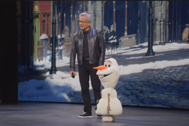 Real Olaf Robot Unveiled at NVIDIA GTC Demo - SentiSight.ai Nvidia's Jensen Huang and Olaf the robot.