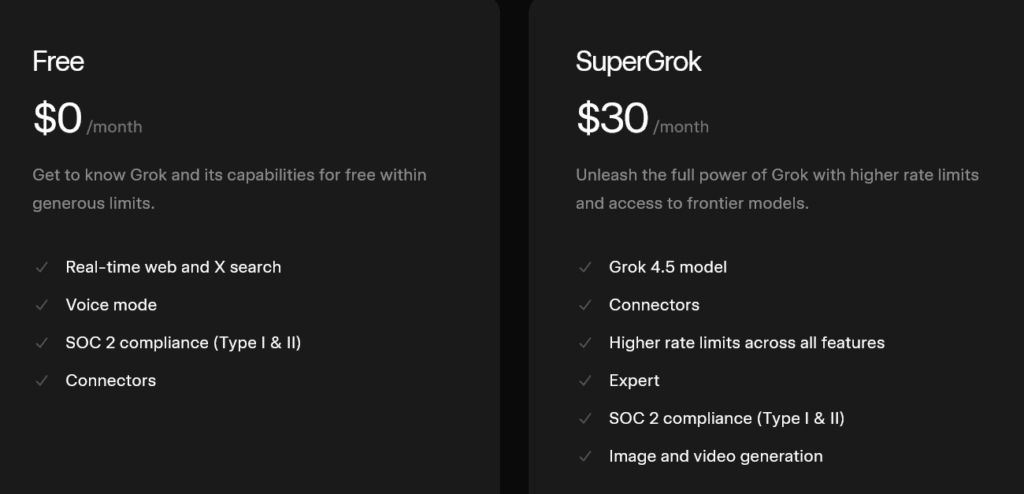 Grok 4.5 pricing tiers – for individuals. Image credit: xAI