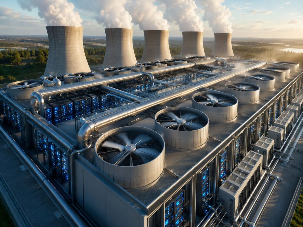 What Are the Biggest Hurdles Facing AI Data Centres and Water Use? - SentiSight.ai AI data centre cooling towers – artistic impression. Image credit: Alius Noreika / AI