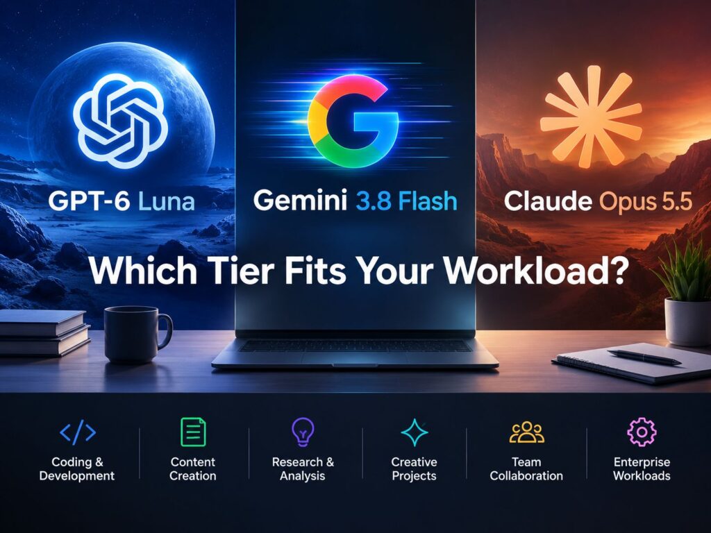 GPT-6 Luna vs Gemini 3.8 Flash vs Claude Opus 5.5: Which Tier Fits Your Workload? - SentiSight.ai GPT-6 Luna vs Gemini 3.8 Flash vs Claude Opus 5.5 - artistic impression.