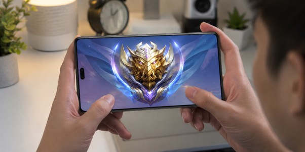 How to choose your first mobile esport - SentiSight.ai Person holds a phone displaying a game rank badge