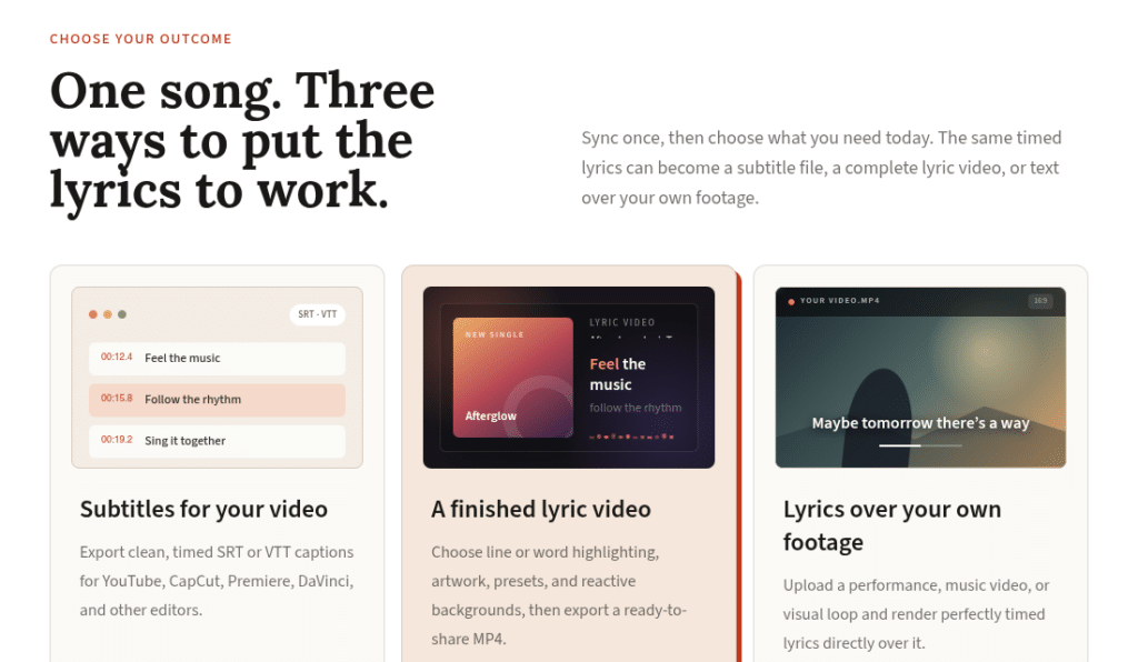 Best AI Tool to Get Lyrics From Audio: 6 Options Compared for Accuracy, Timing and Export Formats - SentiSight.ai LyricTime: one set of timed lyrics, three outputs